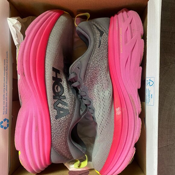 Women's Hoka Bondi 8 Castlerock/Strawberry Mesh Size 6 EUC - Picture 4 of 8